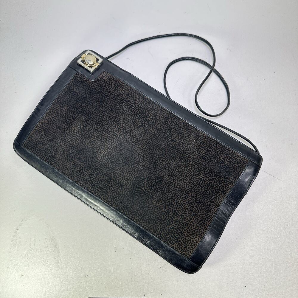 Vtg Jeanne Teres Shoulder Handbag M Black Leather Animal Print Suede Clutch Bag